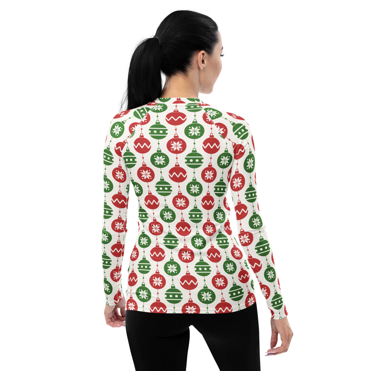Women's Christmas Ornament Long Sleeve Rash Guard Swim Shirt – Buttery Soft, Sun Safe UPF 50+ Protection, Quick Dry & 4-Way Stretch Comfort