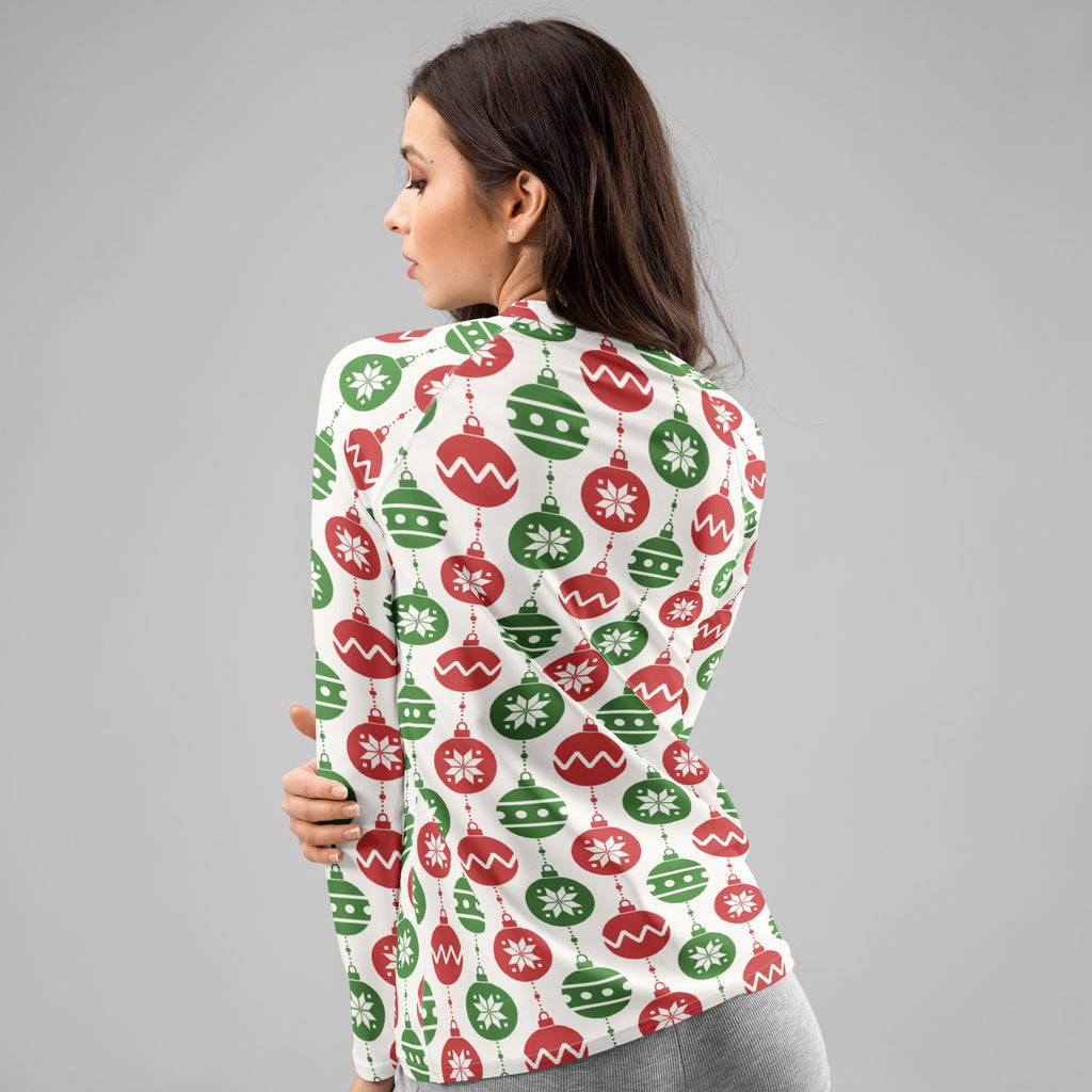 Women's Christmas Ornament Long Sleeve Rash Guard Swim Shirt – Buttery Soft, Sun Safe UPF 50+ Protection, Quick Dry & 4-Way Stretch Comfort