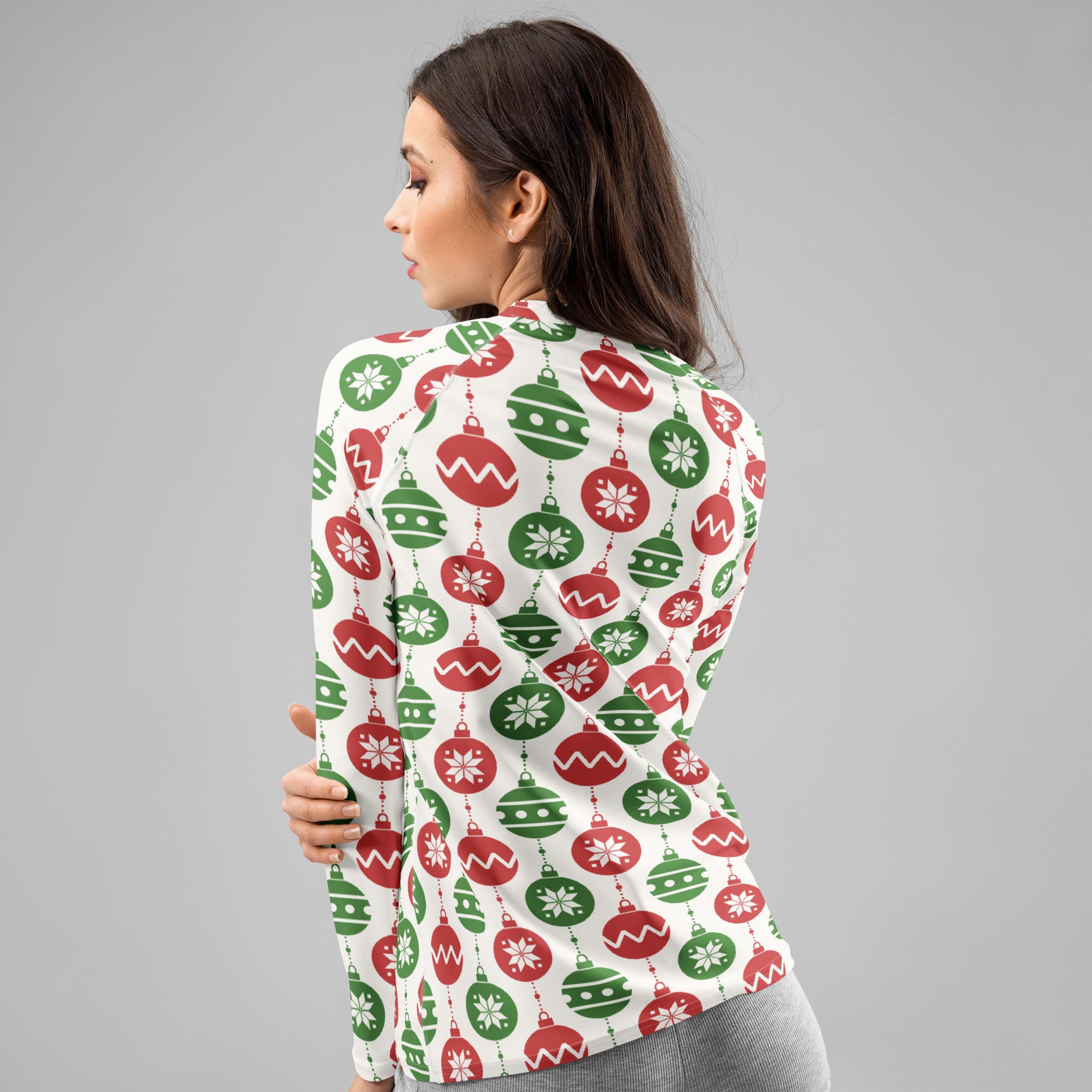 Women's Christmas Ornament Long Sleeve Rash Guard Swim Shirt – Buttery Soft, Sun Safe UPF 50+ Protection, Quick Dry & 4-Way Stretch Comfort
