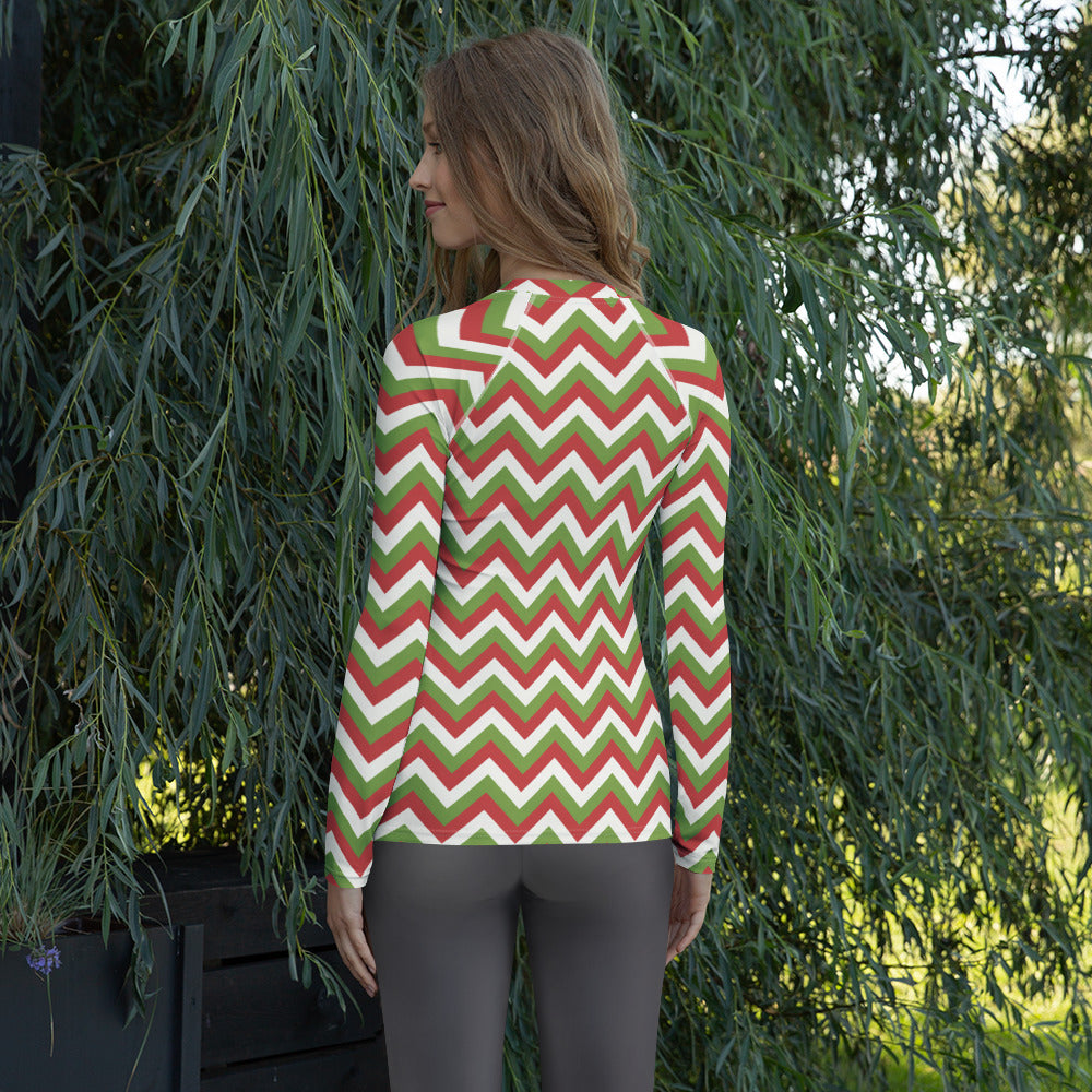Women's Christmas Chevron Long Sleeve Rash Guard Swim Shirt – Buttery Soft, Sun Safe UPF 50+ Protection, Quick Dry & 4-Way Stretch Comfort