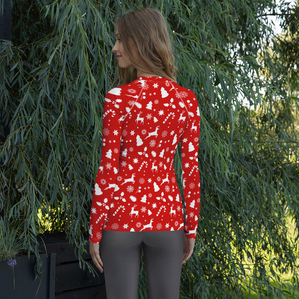 Women's Red Christmas Long Sleeve Rash Guard Swim Shirt – Buttery Soft, Sun Safe UPF 50+ Protection, Quick Dry & 4-Way Stretch Comfort