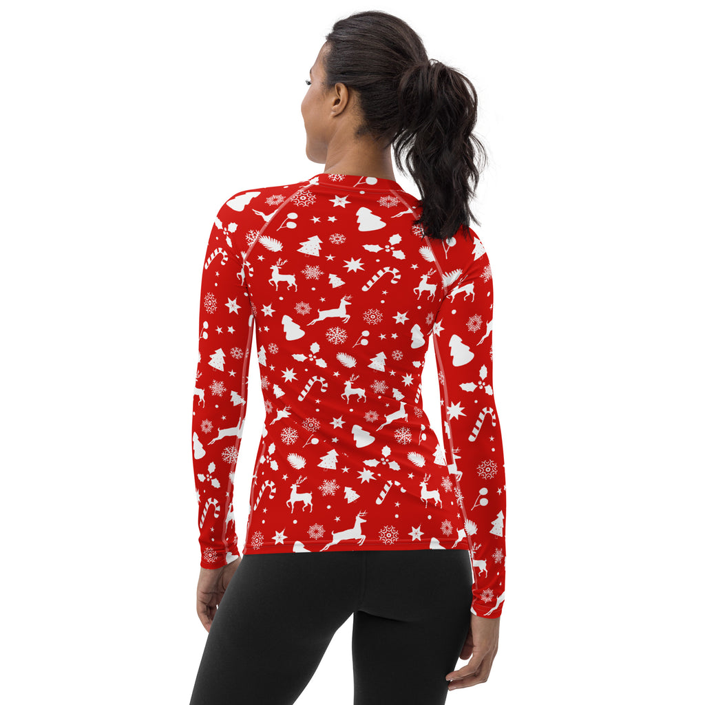 Women's Red Christmas Long Sleeve Rash Guard Swim Shirt – Buttery Soft, Sun Safe UPF 50+ Protection, Quick Dry & 4-Way Stretch Comfort