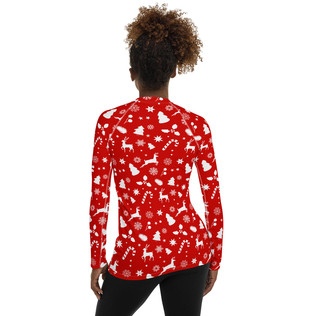 Women's Red Christmas Long Sleeve Rash Guard Swim Shirt – Buttery Soft, Sun Safe UPF 50+ Protection, Quick Dry & 4-Way Stretch Comfort