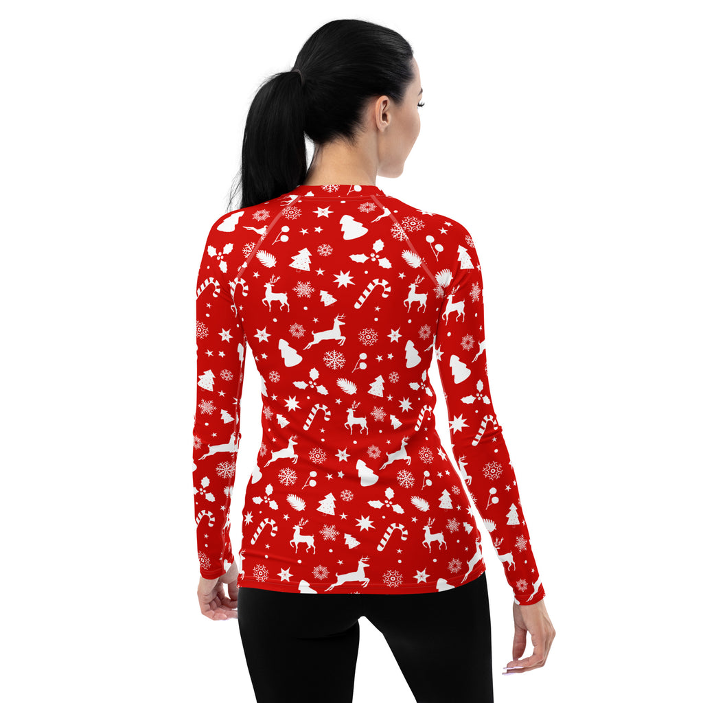 Women's Red Christmas Long Sleeve Rash Guard Swim Shirt – Buttery Soft, Sun Safe UPF 50+ Protection, Quick Dry & 4-Way Stretch Comfort
