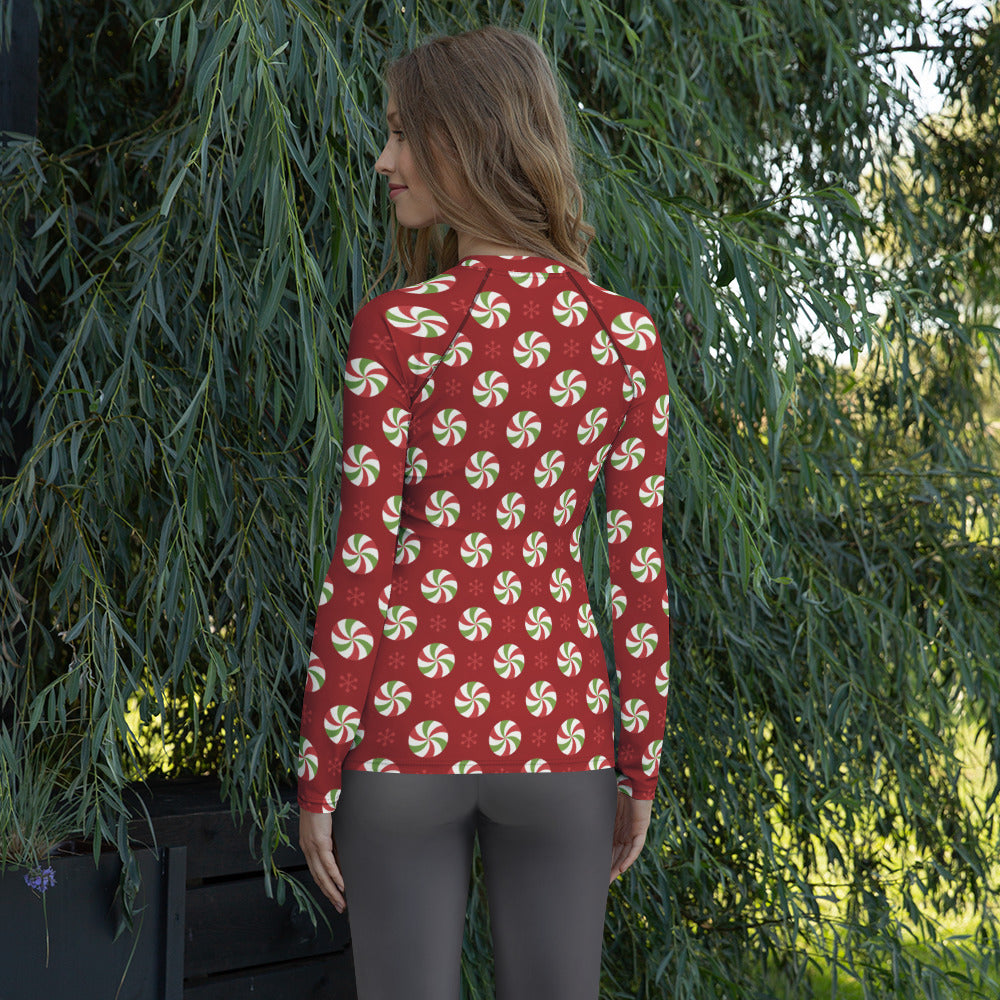 Women's Peppermint Christmas Long Sleeve Rash Guard Swim Shirt – Buttery Soft, Sun Safe UPF 50+ Protection, Quick Dry & 4-Way Stretch Comfort