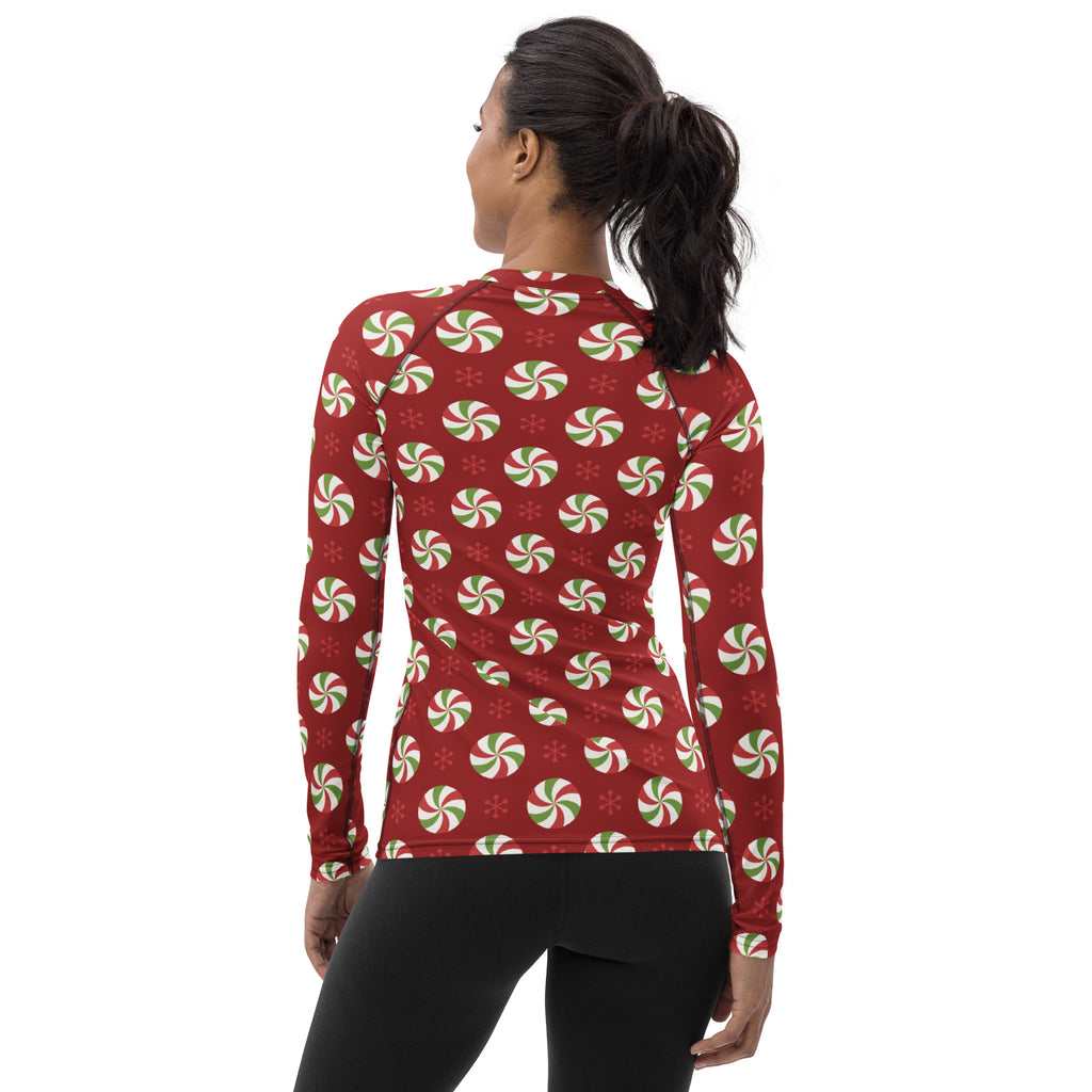 Women's Peppermint Christmas Long Sleeve Rash Guard Swim Shirt – Buttery Soft, Sun Safe UPF 50+ Protection, Quick Dry & 4-Way Stretch Comfort