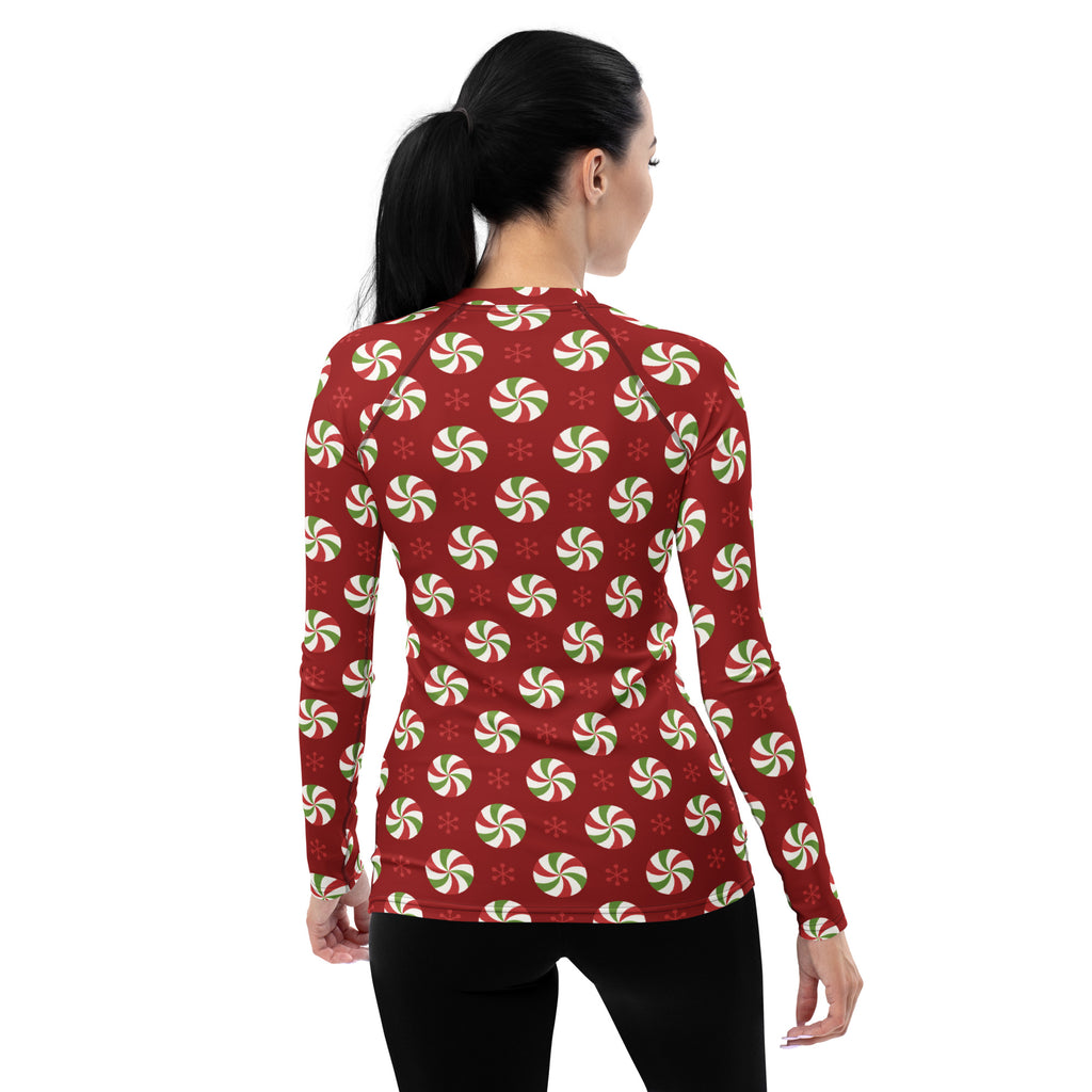 Women's Peppermint Christmas Long Sleeve Rash Guard Swim Shirt – Buttery Soft, Sun Safe UPF 50+ Protection, Quick Dry & 4-Way Stretch Comfort