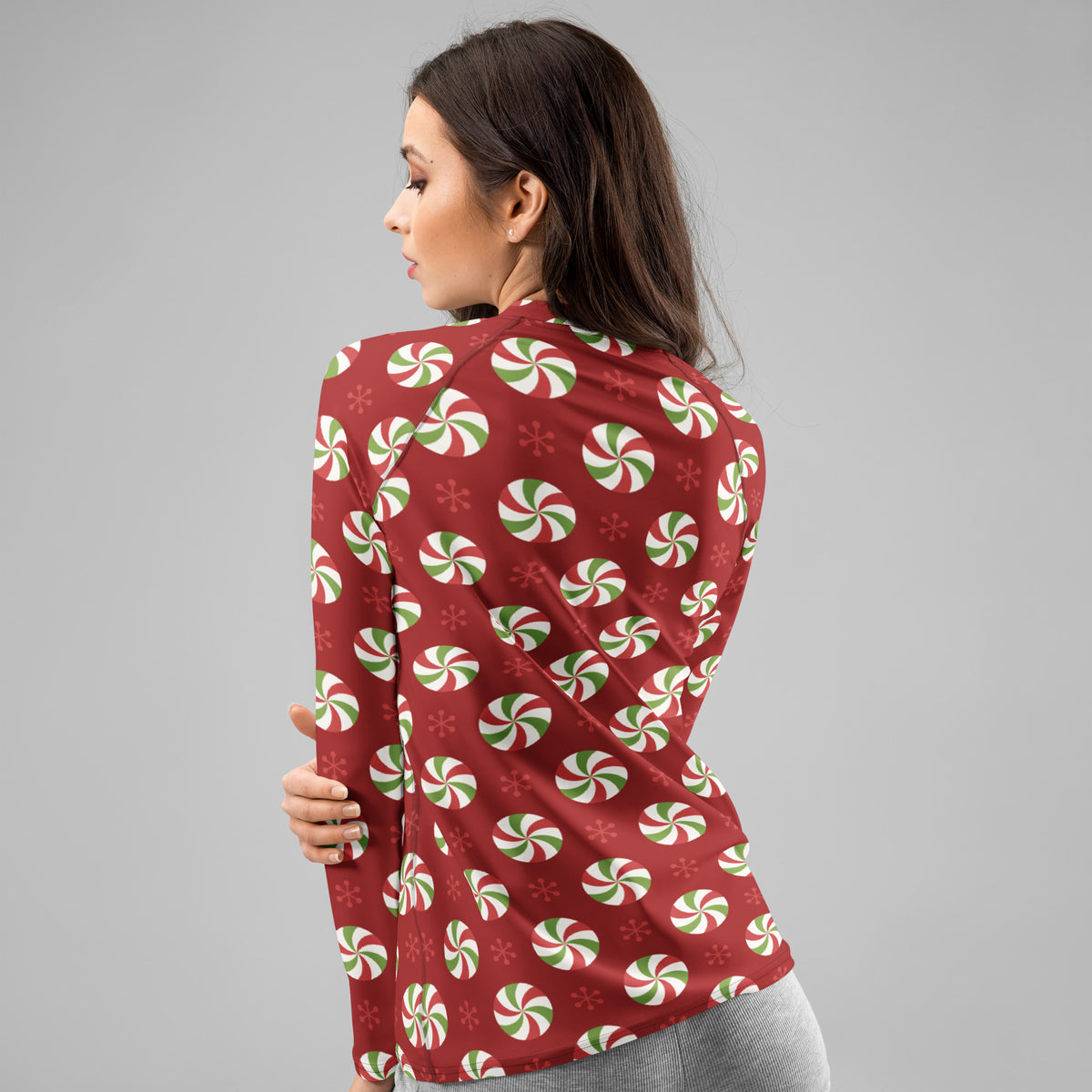 Women's Peppermint Christmas Long Sleeve Rash Guard Swim Shirt – Buttery Soft, Sun Safe UPF 50+ Protection, Quick Dry & 4-Way Stretch Comfort