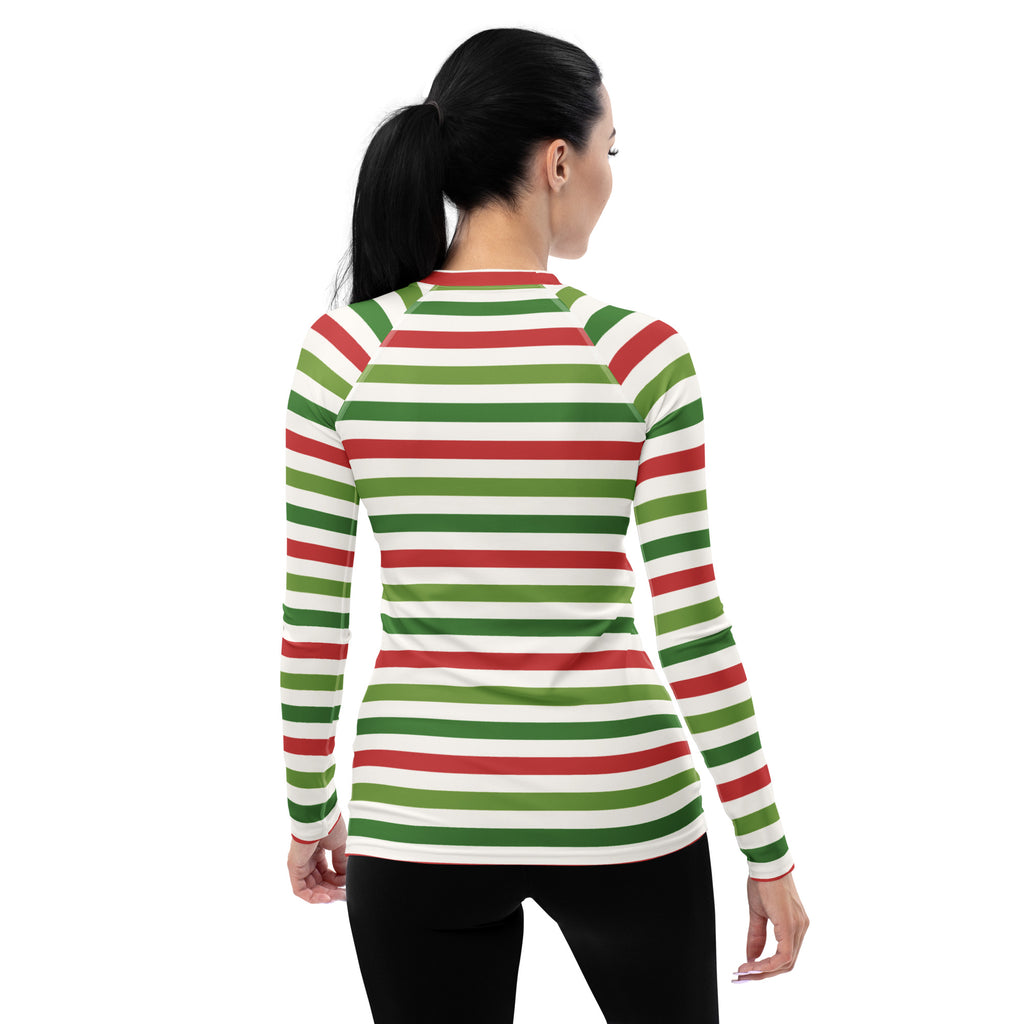 Women's Christmas Stripe Long Sleeve Rash Guard Swim Shirt – Buttery Soft, Sun Safe UPF 50+ Protection, Quick Dry & 4-Way Stretch Comfort
