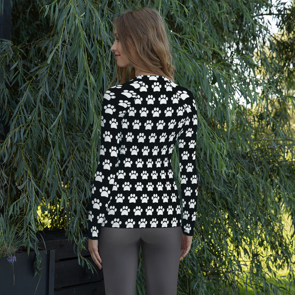 Women's Black Paw Print Long Sleeve Rash Guard Swim Shirt – Buttery Soft, Sun Safe UPF 50+ Protection, Quick Dry & 4-Way Stretch Comfort