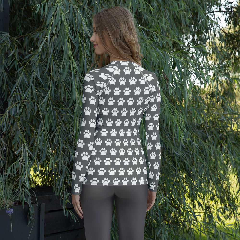 Women's Gray Paw Print Long Sleeve Rash Guard Swim Shirt – Buttery Soft, Sun Safe UPF 50+ Protection, Quick Dry & 4-Way Stretch Comfort