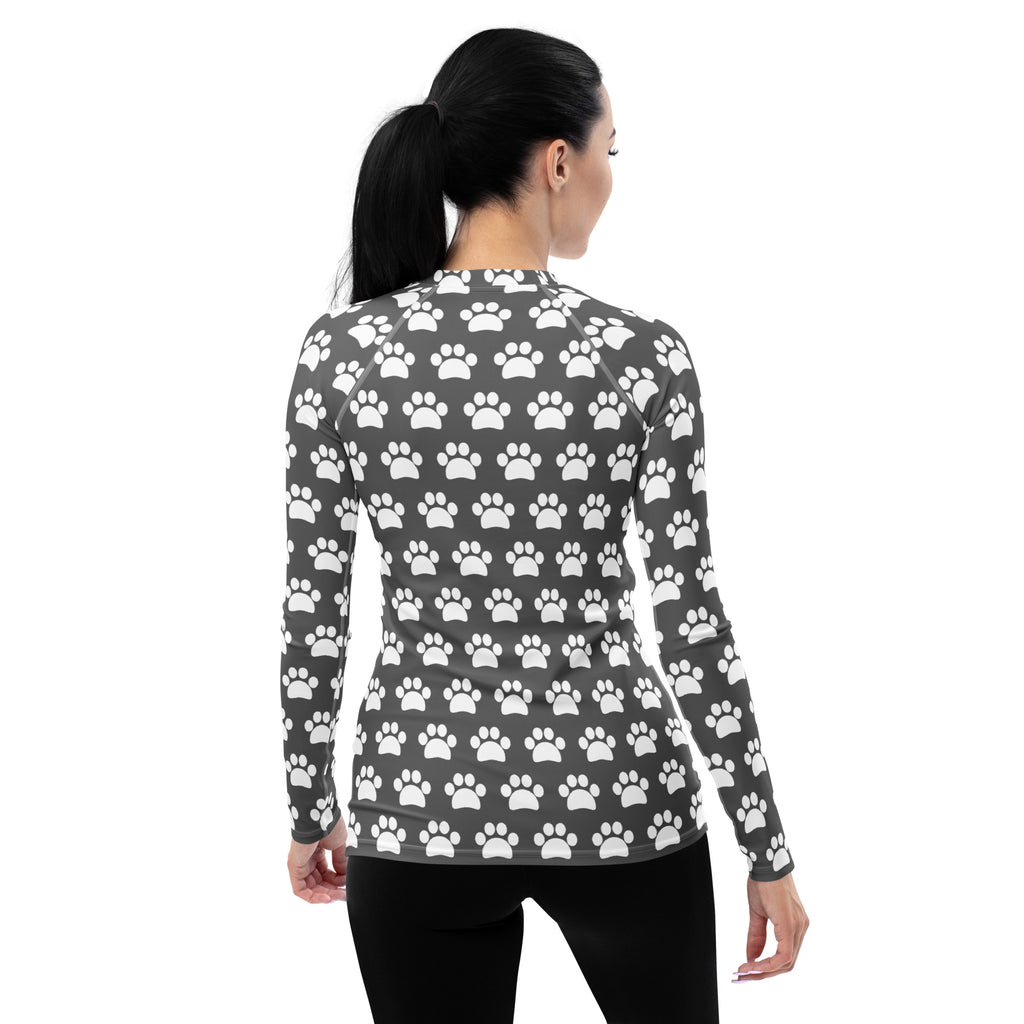 Women's Gray Paw Print Long Sleeve Rash Guard Swim Shirt – Buttery Soft, Sun Safe UPF 50+ Protection, Quick Dry & 4-Way Stretch Comfort