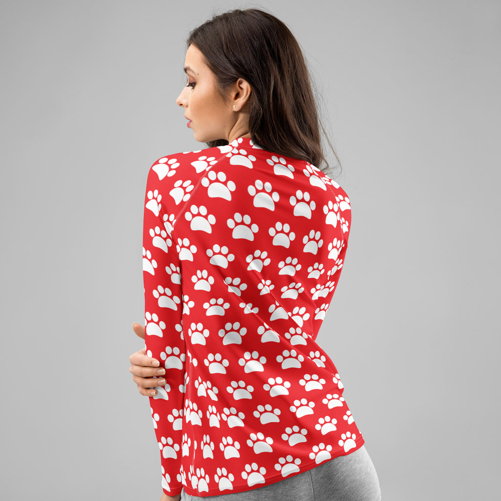 Women's Red Paw Print Long Sleeve Rash Guard Swim Shirt – Buttery Soft, Sun Safe UPF 50+ Protection, Quick Dry & 4-Way Stretch Comfort