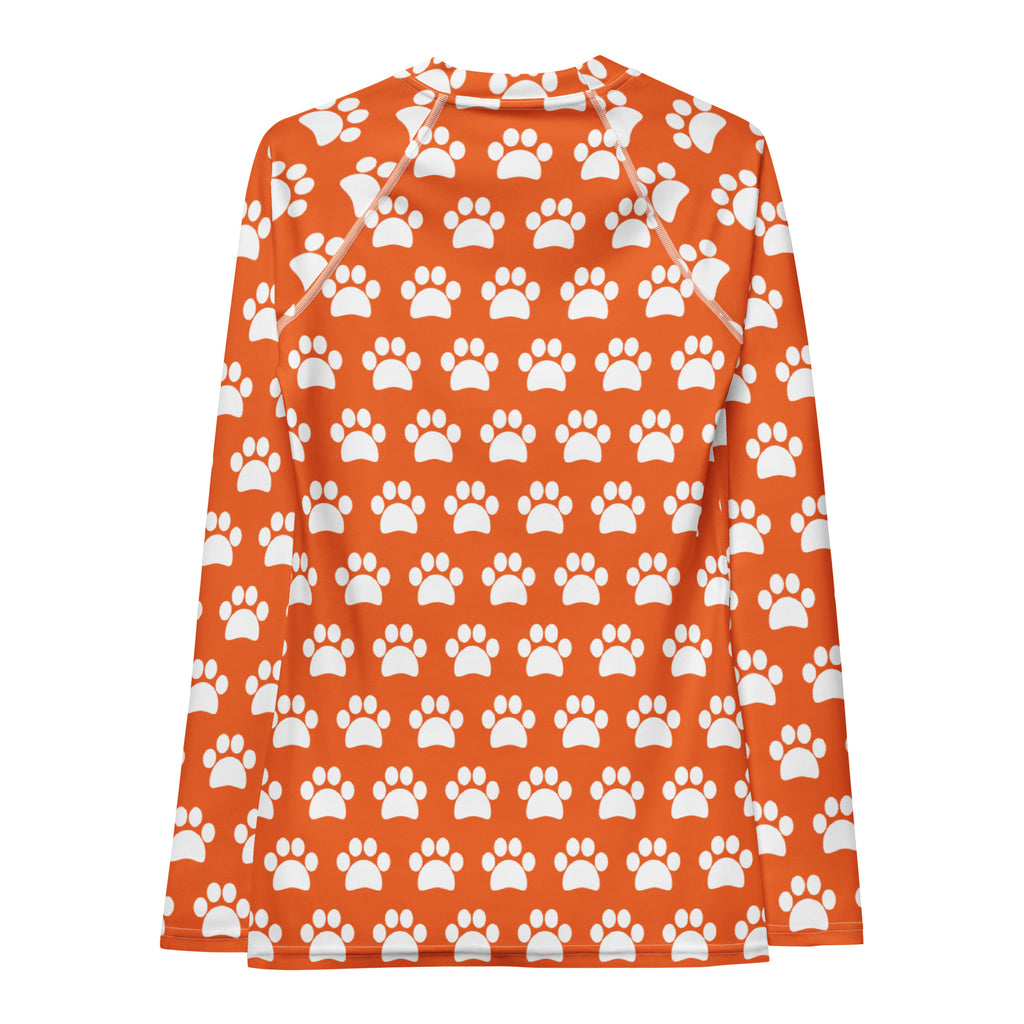 Women's Orange Paw Print Long Sleeve Rash Guard Swim Shirt – Buttery Soft, Sun Safe UPF 50+ Protection, Quick Dry & 4-Way Stretch Comfort
