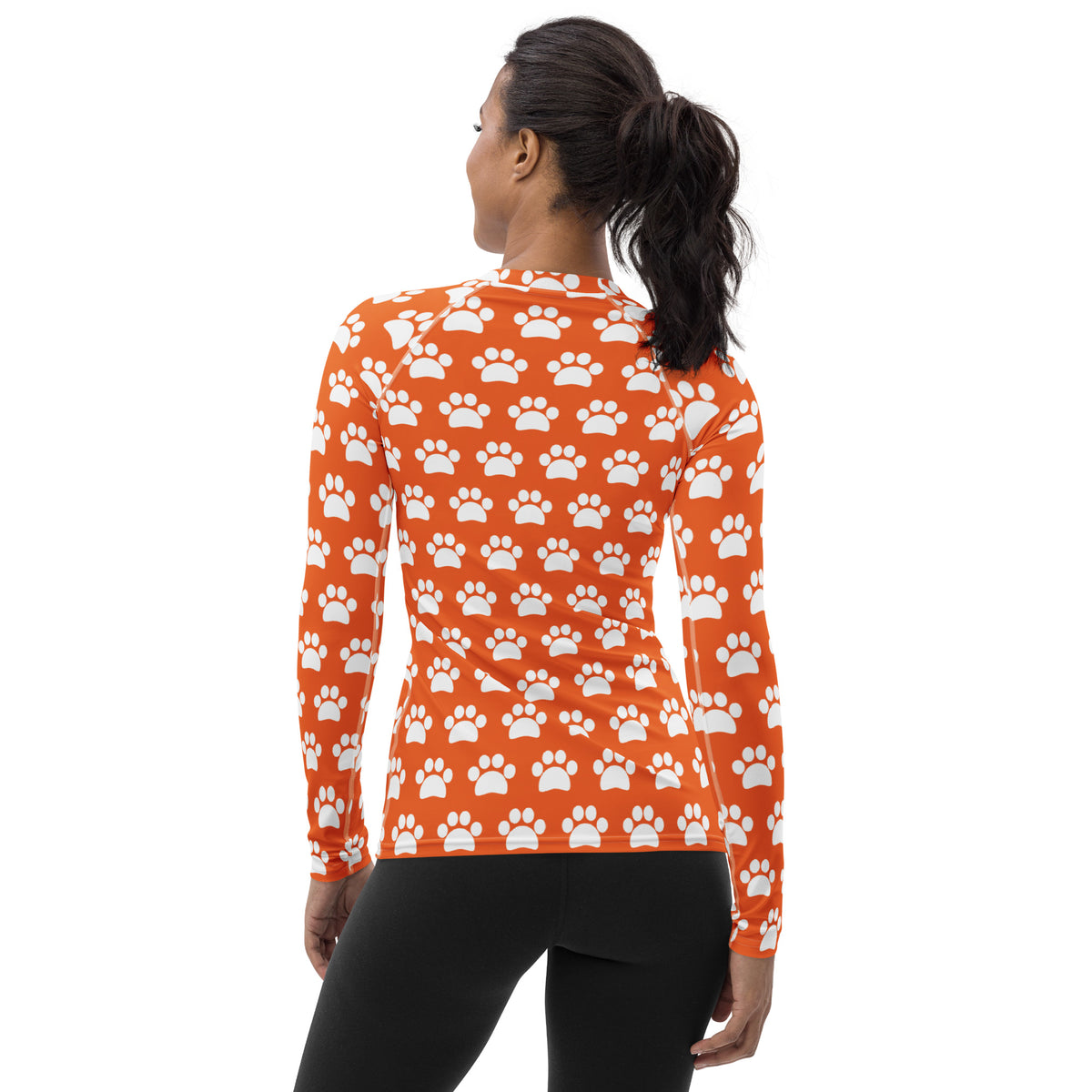Women's Orange Paw Print Long Sleeve Rash Guard Swim Shirt – Buttery Soft, Sun Safe UPF 50+ Protection, Quick Dry & 4-Way Stretch Comfort