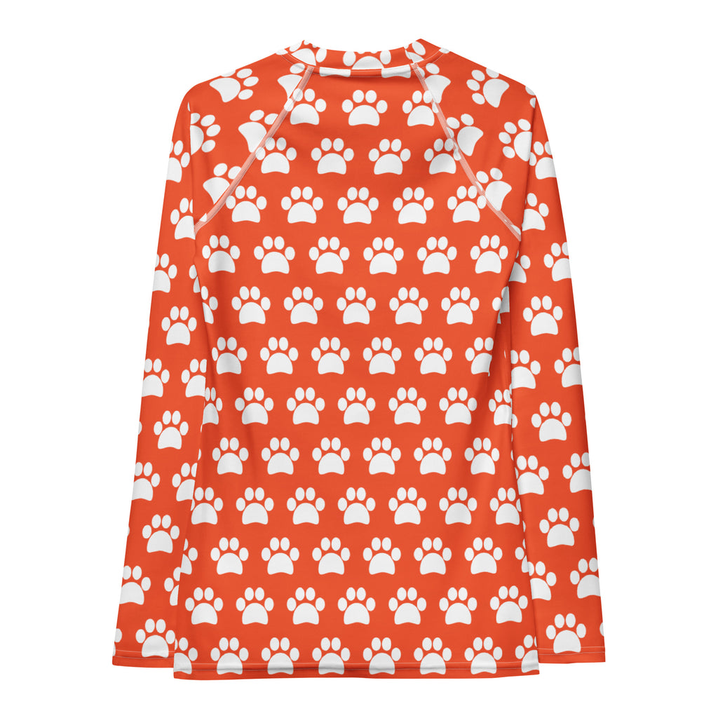 Women's Bright Orange Paw Print Long Sleeve Rash Guard Swim Shirt – Buttery Soft, Sun Safe UPF 50+ Protection, Quick Dry & 4-Way Stretch Comfort