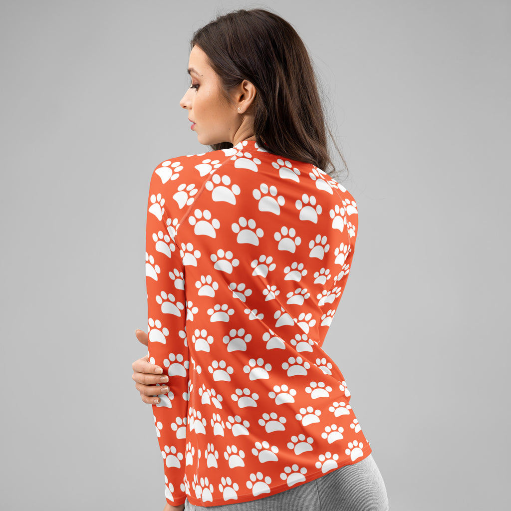 Women's Bright Orange Paw Print Long Sleeve Rash Guard Swim Shirt – Buttery Soft, Sun Safe UPF 50+ Protection, Quick Dry & 4-Way Stretch Comfort