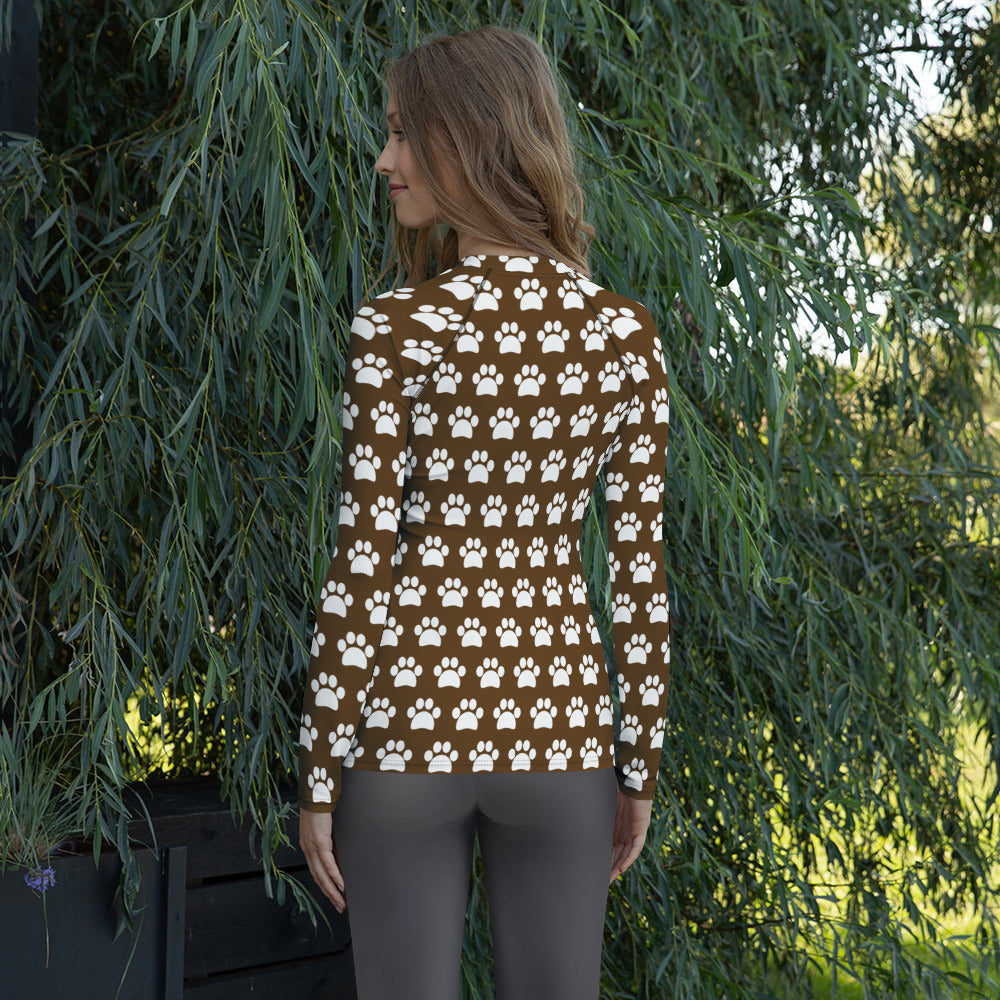Women's Brown Paw Print Long Sleeve Rash Guard Swim Shirt – Buttery Soft, Sun Safe UPF 50+ Protection, Quick Dry & 4-Way Stretch Comfort