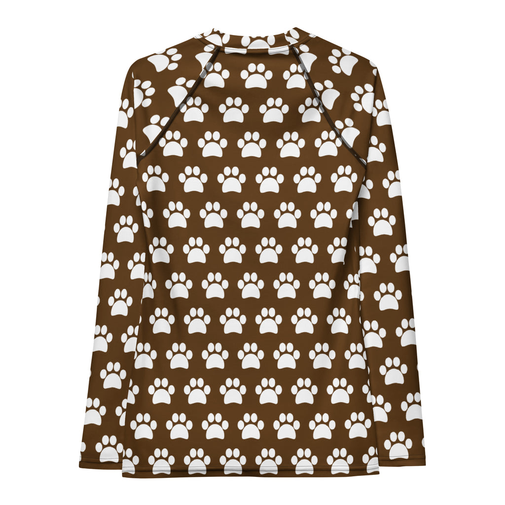 Women's Brown Paw Print Long Sleeve Rash Guard Swim Shirt – Buttery Soft, Sun Safe UPF 50+ Protection, Quick Dry & 4-Way Stretch Comfort