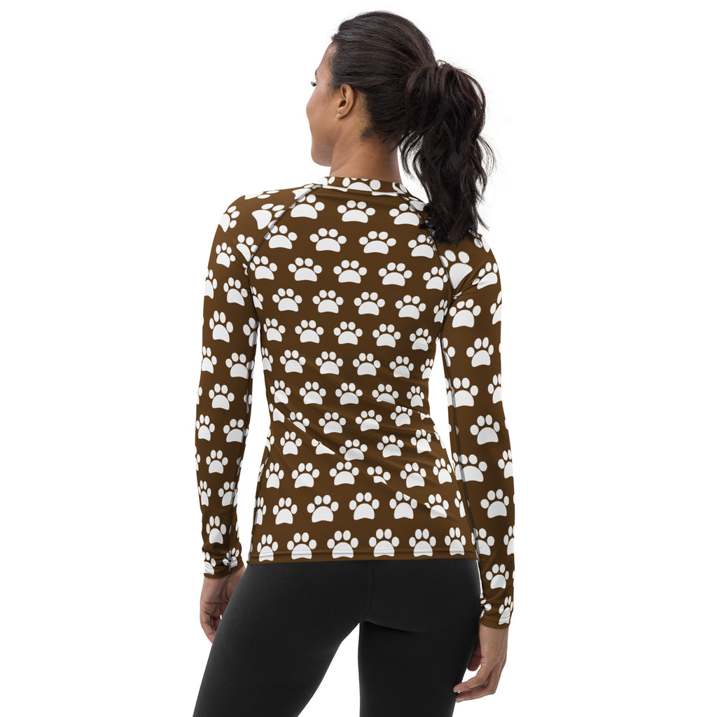 Women's Brown Paw Print Long Sleeve Rash Guard Swim Shirt – Buttery Soft, Sun Safe UPF 50+ Protection, Quick Dry & 4-Way Stretch Comfort