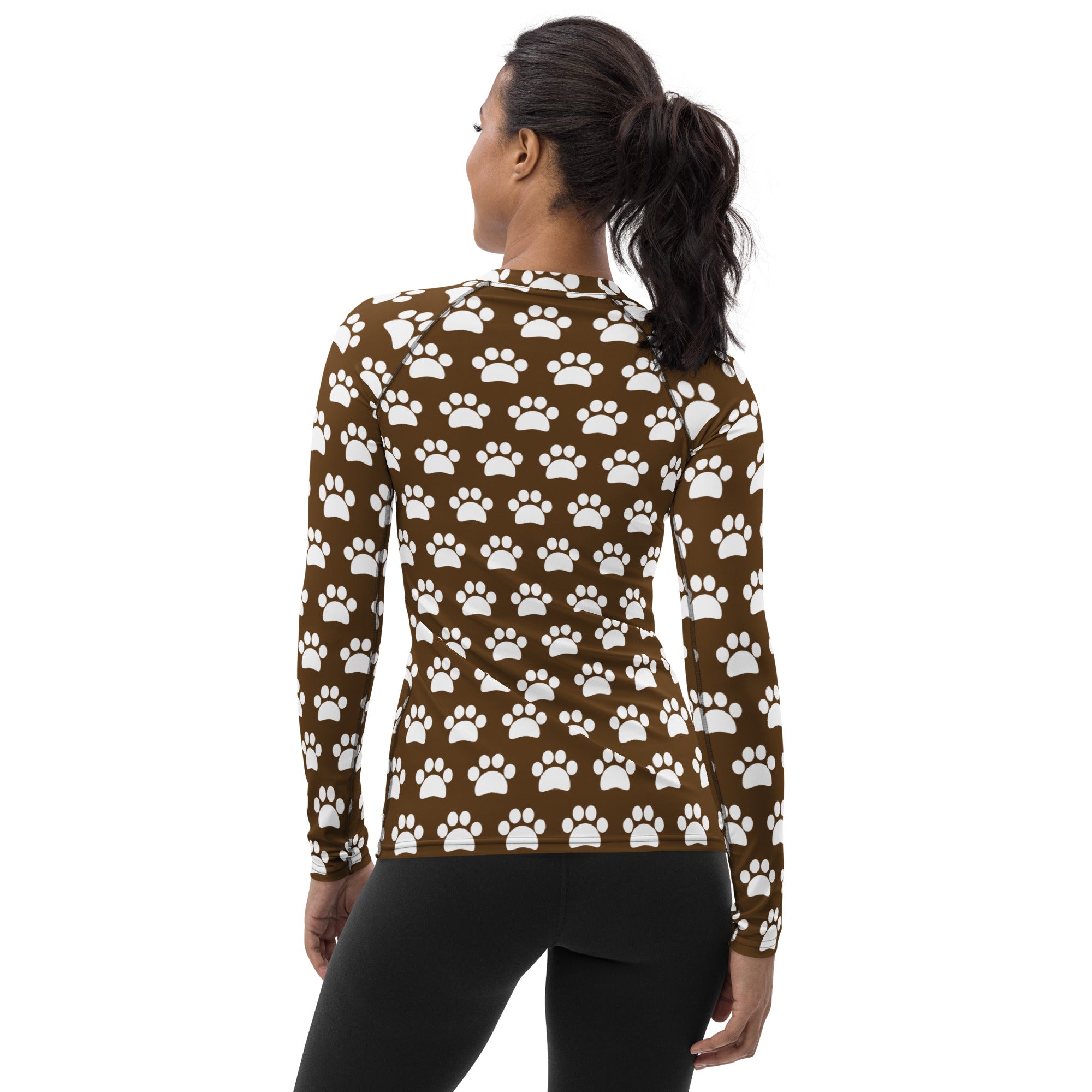 Women's Brown Paw Print Long Sleeve Rash Guard Swim Shirt – Buttery Soft, Sun Safe UPF 50+ Protection, Quick Dry & 4-Way Stretch Comfort