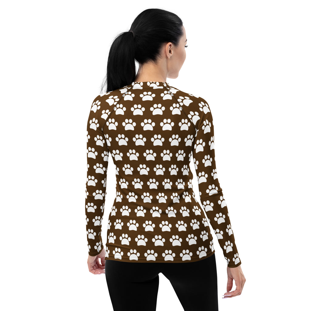 Women's Brown Paw Print Long Sleeve Rash Guard Swim Shirt – Buttery Soft, Sun Safe UPF 50+ Protection, Quick Dry & 4-Way Stretch Comfort