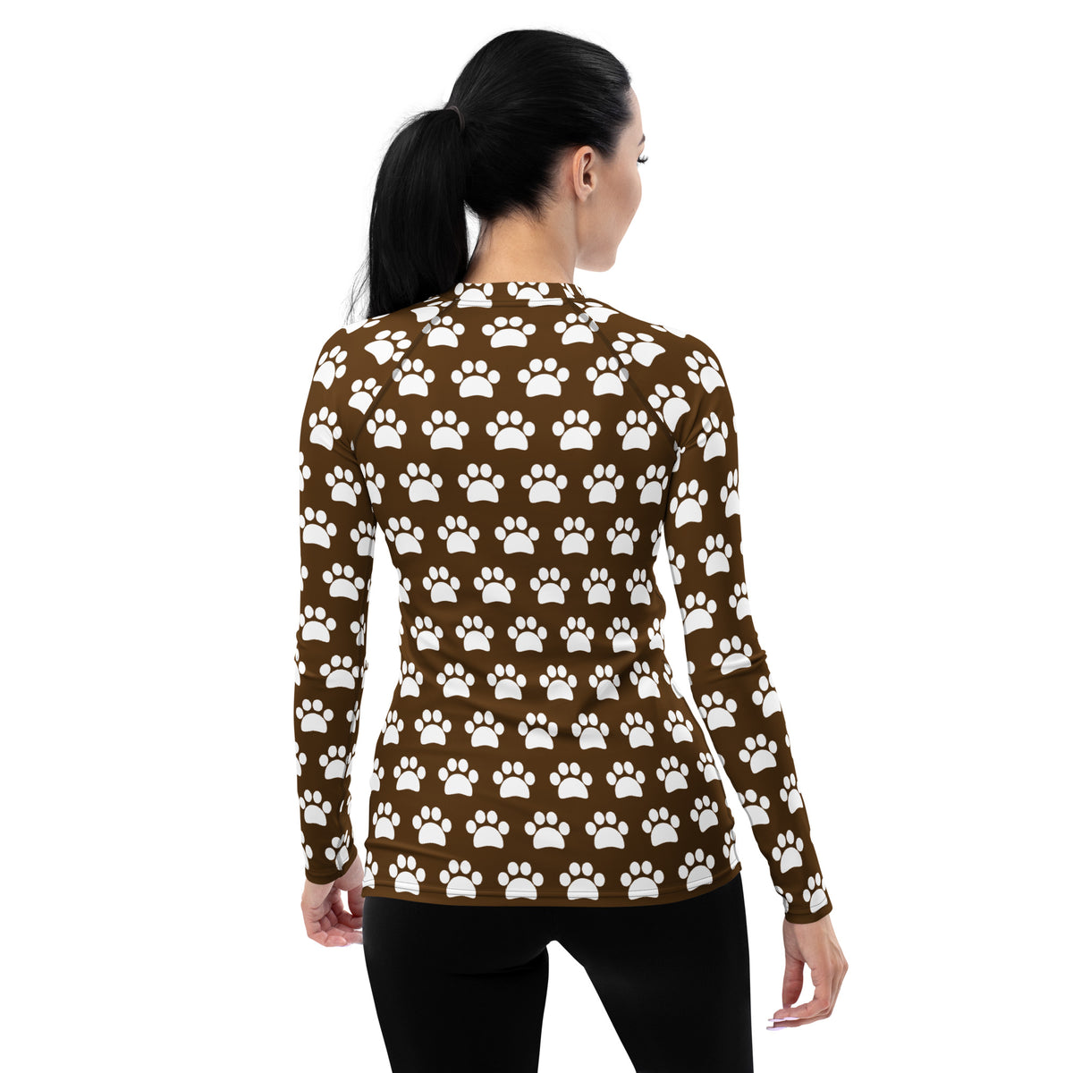 Women's Brown Paw Print Long Sleeve Rash Guard Swim Shirt – Buttery Soft, Sun Safe UPF 50+ Protection, Quick Dry & 4-Way Stretch Comfort