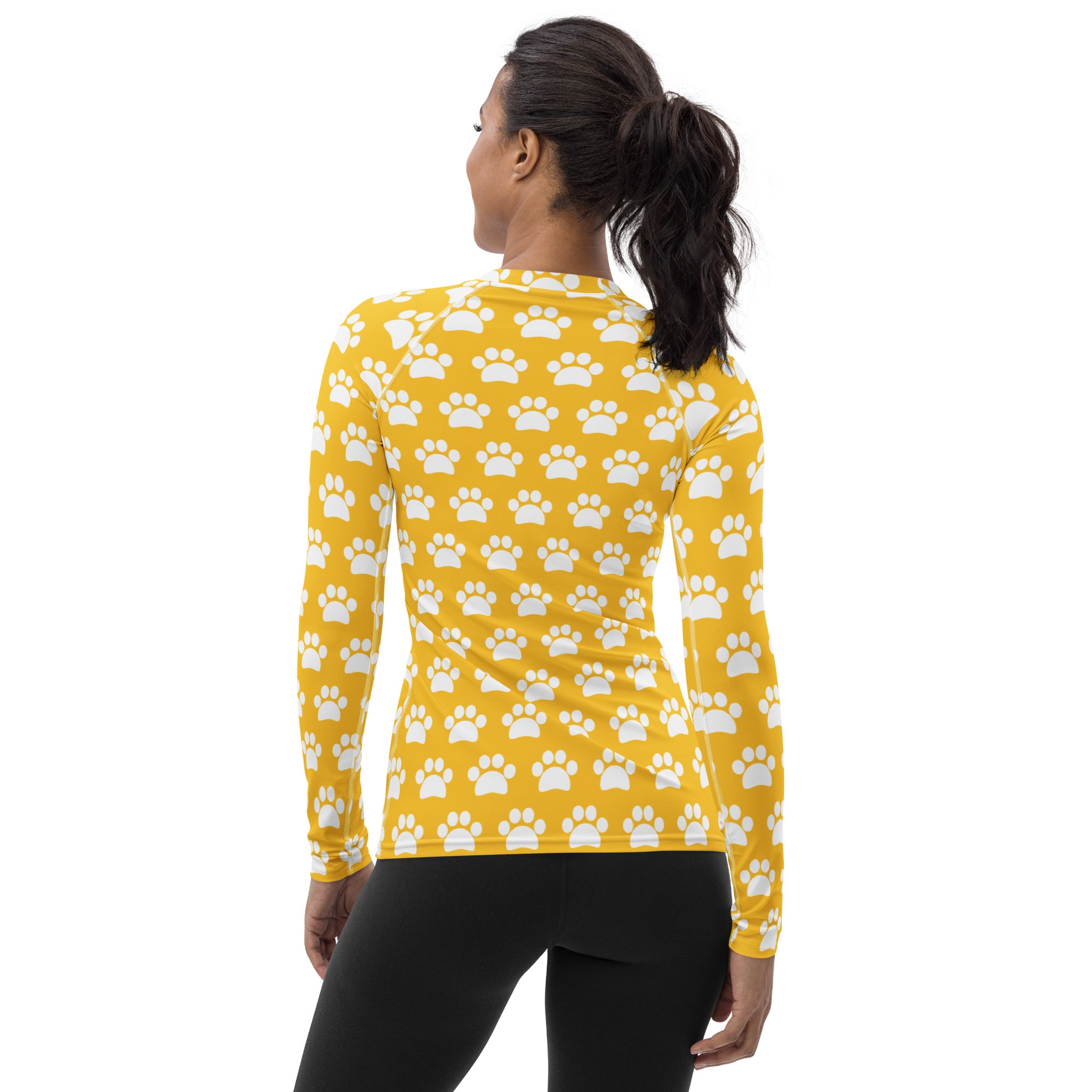 Women's Yellow Paw Print Long Sleeve Rash Guard Swim Shirt – Buttery Soft, Sun Safe UPF 50+ Protection, Quick Dry & 4-Way Stretch Comfort
