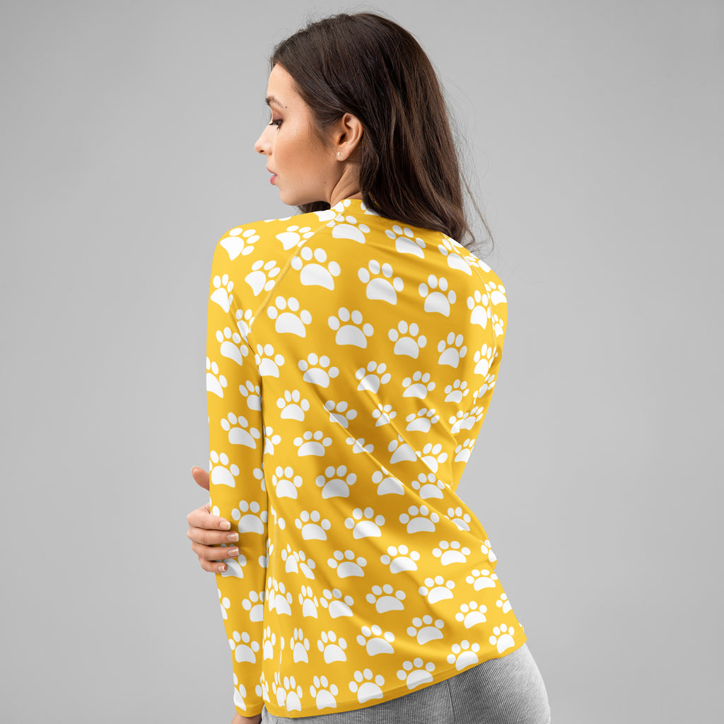 Women's Yellow Paw Print Long Sleeve Rash Guard Swim Shirt – Buttery Soft, Sun Safe UPF 50+ Protection, Quick Dry & 4-Way Stretch Comfort
