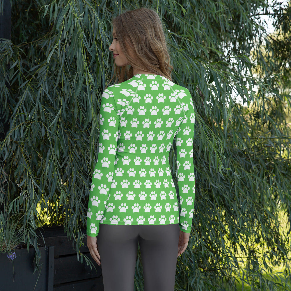 Women's Green Paw Print Long Sleeve Rash Guard Swim Shirt – Buttery Soft, Sun Safe UPF 50+ Protection, Quick Dry & 4-Way Stretch Comfort