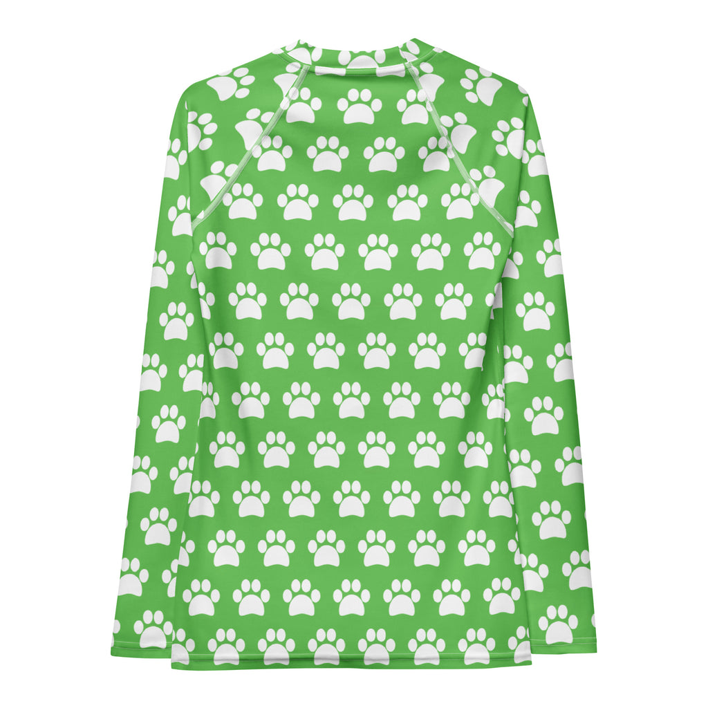 Women's Green Paw Print Long Sleeve Rash Guard Swim Shirt – Buttery Soft, Sun Safe UPF 50+ Protection, Quick Dry & 4-Way Stretch Comfort