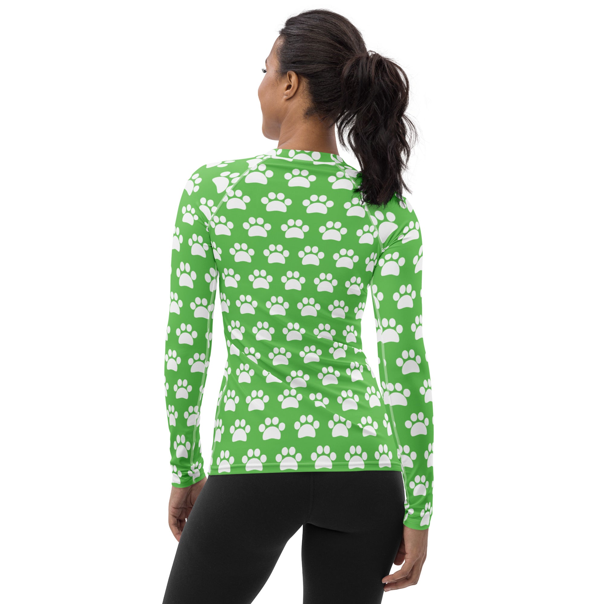 Women's Green Paw Print Long Sleeve Rash Guard Swim Shirt – Buttery Soft, Sun Safe UPF 50+ Protection, Quick Dry & 4-Way Stretch Comfort