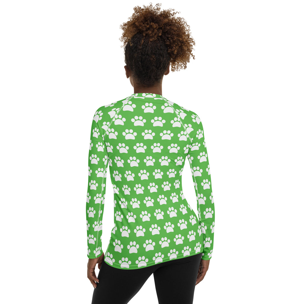 Women's Green Paw Print Long Sleeve Rash Guard Swim Shirt – Buttery Soft, Sun Safe UPF 50+ Protection, Quick Dry & 4-Way Stretch Comfort