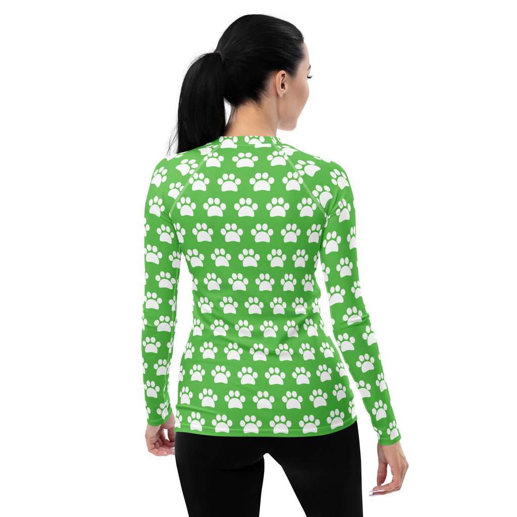 Women's Green Paw Print Long Sleeve Rash Guard Swim Shirt – Buttery Soft, Sun Safe UPF 50+ Protection, Quick Dry & 4-Way Stretch Comfort