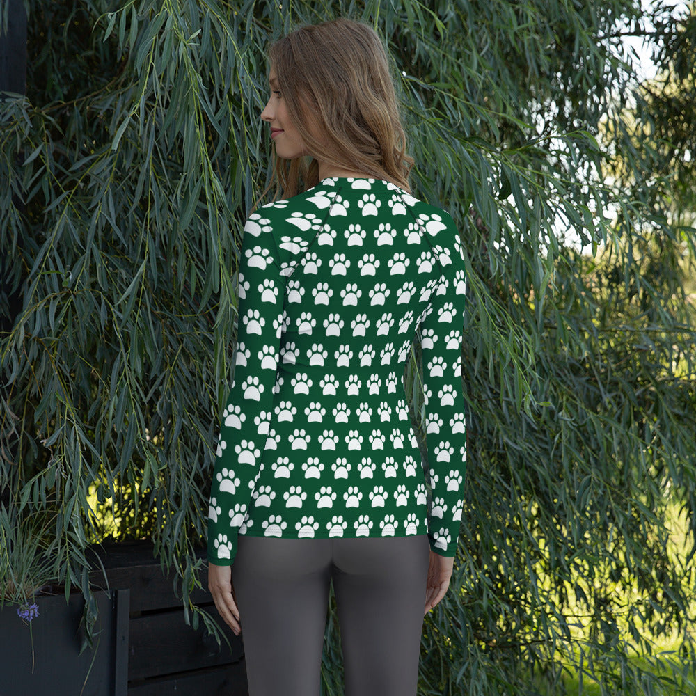 Women's Forest Green Paw Print Long Sleeve Rash Guard Swim Shirt – Buttery Soft, Sun Safe UPF 50+ Protection, Quick Dry & 4-Way Stretch Comfort
