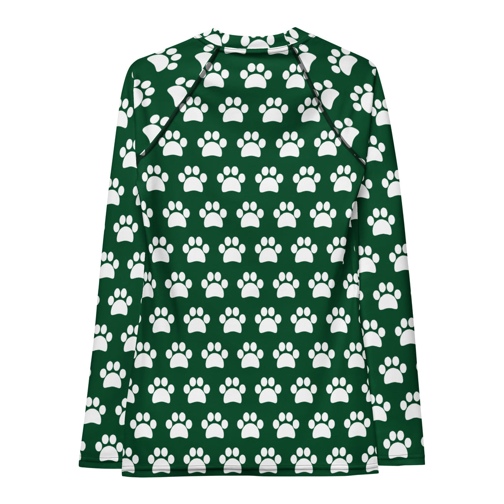 Women's Forest Green Paw Print Long Sleeve Rash Guard Swim Shirt – Buttery Soft, Sun Safe UPF 50+ Protection, Quick Dry & 4-Way Stretch Comfort