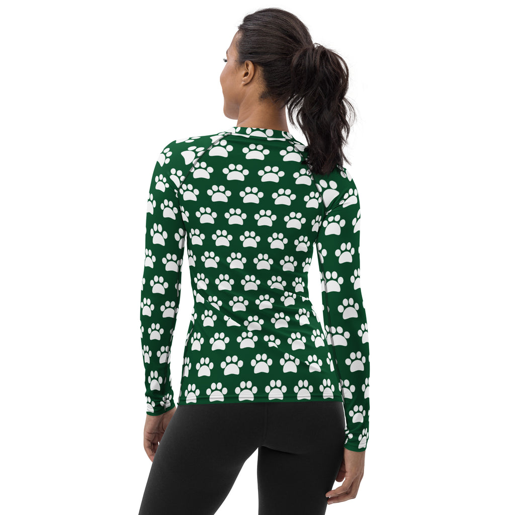 Women's Forest Green Paw Print Long Sleeve Rash Guard Swim Shirt – Buttery Soft, Sun Safe UPF 50+ Protection, Quick Dry & 4-Way Stretch Comfort