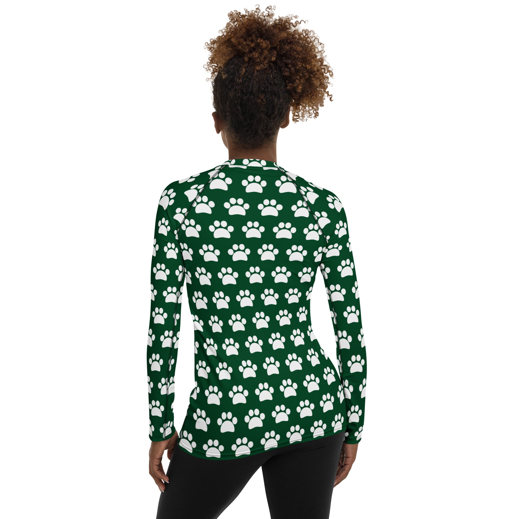 Women's Forest Green Paw Print Long Sleeve Rash Guard Swim Shirt – Buttery Soft, Sun Safe UPF 50+ Protection, Quick Dry & 4-Way Stretch Comfort