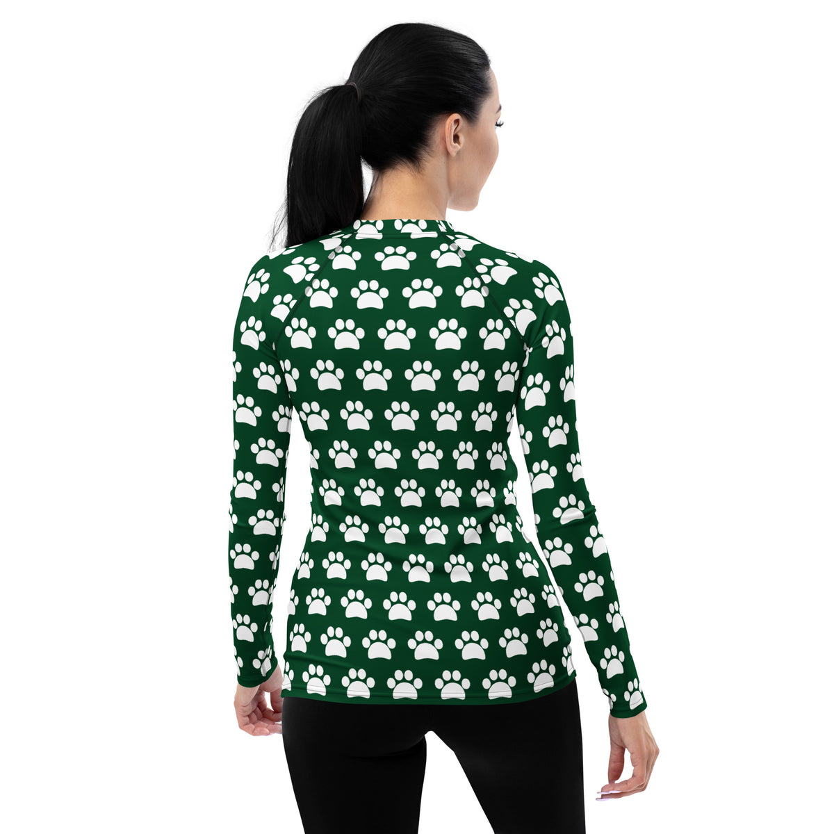 Women's Forest Green Paw Print Long Sleeve Rash Guard Swim Shirt – Buttery Soft, Sun Safe UPF 50+ Protection, Quick Dry & 4-Way Stretch Comfort