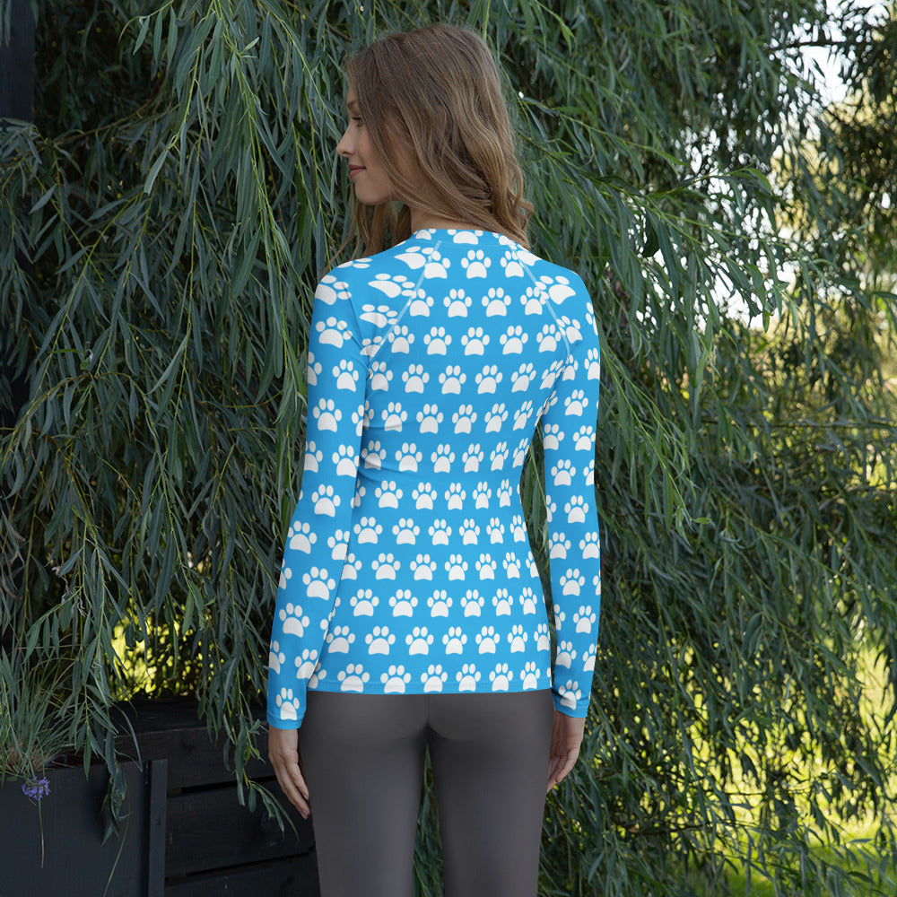 Women's Light Blue Paw Print Long Sleeve Rash Guard Swim Shirt – Buttery Soft, Sun Safe UPF 50+ Protection, Quick Dry & 4-Way Stretch Comfort
