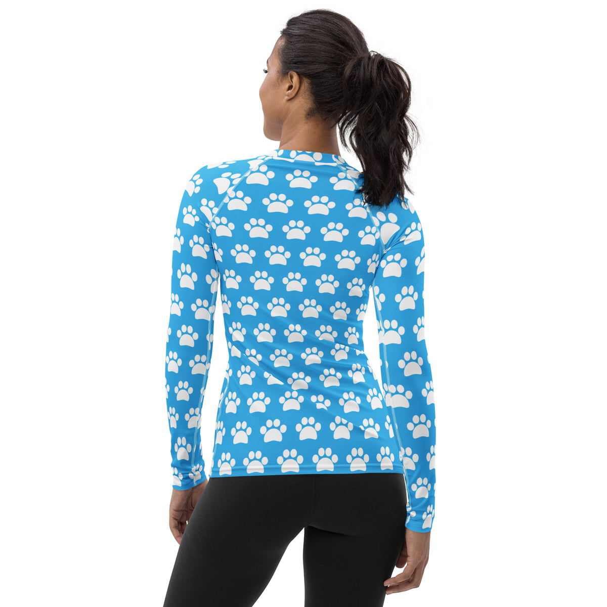 Women's Light Blue Paw Print Long Sleeve Rash Guard Swim Shirt – Buttery Soft, Sun Safe UPF 50+ Protection, Quick Dry & 4-Way Stretch Comfort