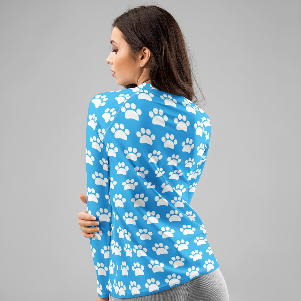 Women's Light Blue Paw Print Long Sleeve Rash Guard Swim Shirt – Buttery Soft, Sun Safe UPF 50+ Protection, Quick Dry & 4-Way Stretch Comfort