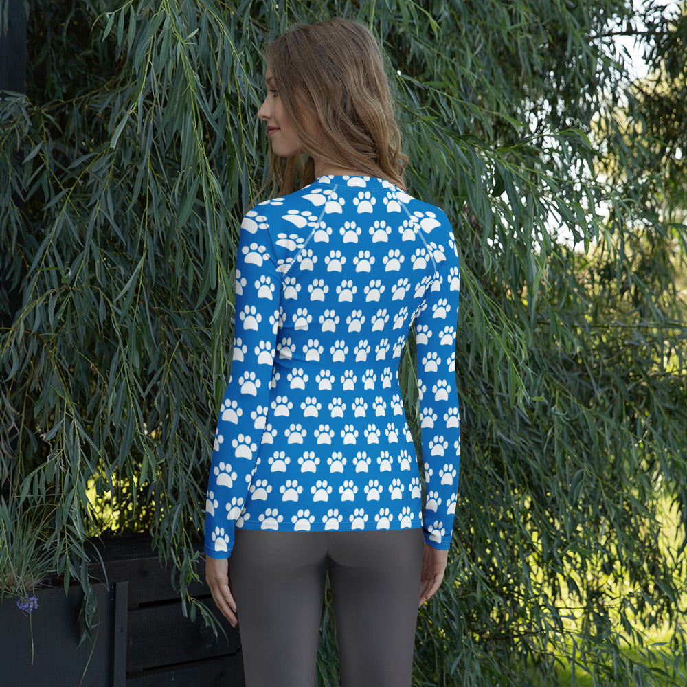 Women's Blue Paw Print Long Sleeve Rash Guard Swim Shirt – Buttery Soft, Sun Safe UPF 50+ Protection, Quick Dry & 4-Way Stretch Comfort