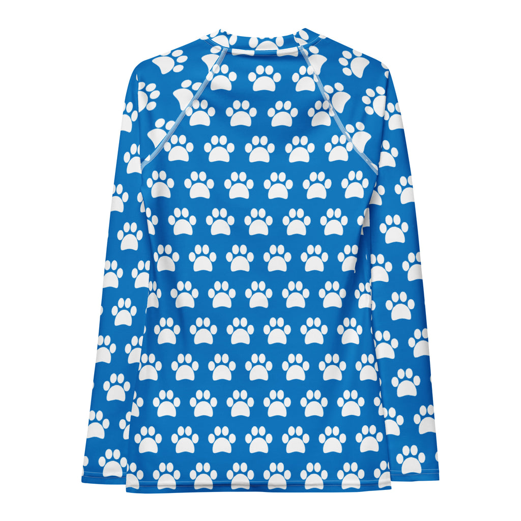 Women's Blue Paw Print Long Sleeve Rash Guard Swim Shirt – Buttery Soft, Sun Safe UPF 50+ Protection, Quick Dry & 4-Way Stretch Comfort