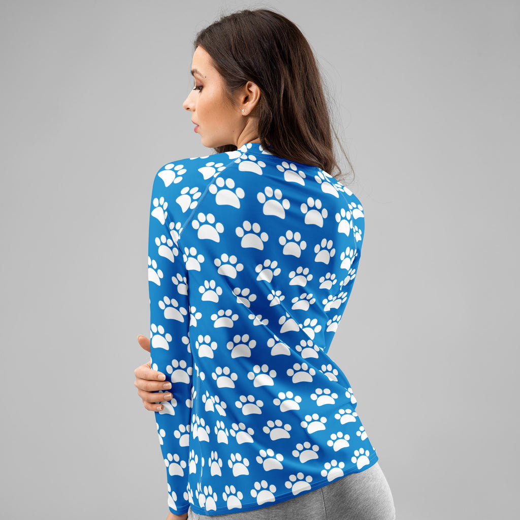 Women's Blue Paw Print Long Sleeve Rash Guard Swim Shirt – Buttery Soft, Sun Safe UPF 50+ Protection, Quick Dry & 4-Way Stretch Comfort