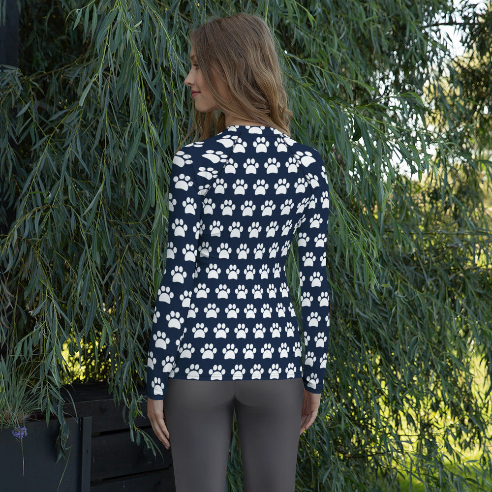 Women's Navy Blue Paw Print Long Sleeve Rash Guard Swim Shirt – Buttery Soft, Sun Safe UPF 50+ Protection, Quick Dry & 4-Way Stretch Comfort