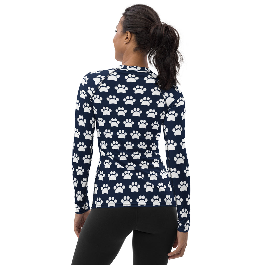 Women's Navy Blue Paw Print Long Sleeve Rash Guard Swim Shirt – Buttery Soft, Sun Safe UPF 50+ Protection, Quick Dry & 4-Way Stretch Comfort