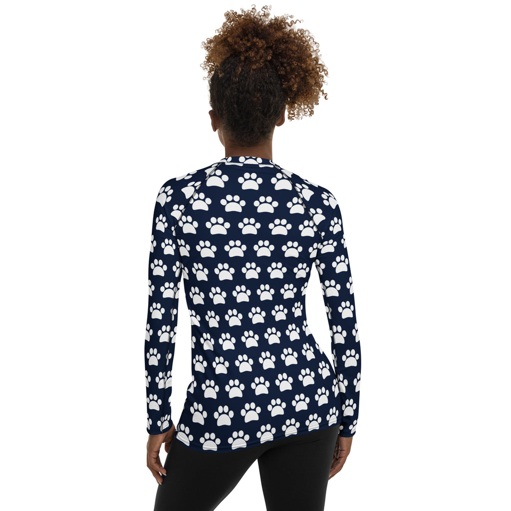 Women's Navy Blue Paw Print Long Sleeve Rash Guard Swim Shirt – Buttery Soft, Sun Safe UPF 50+ Protection, Quick Dry & 4-Way Stretch Comfort