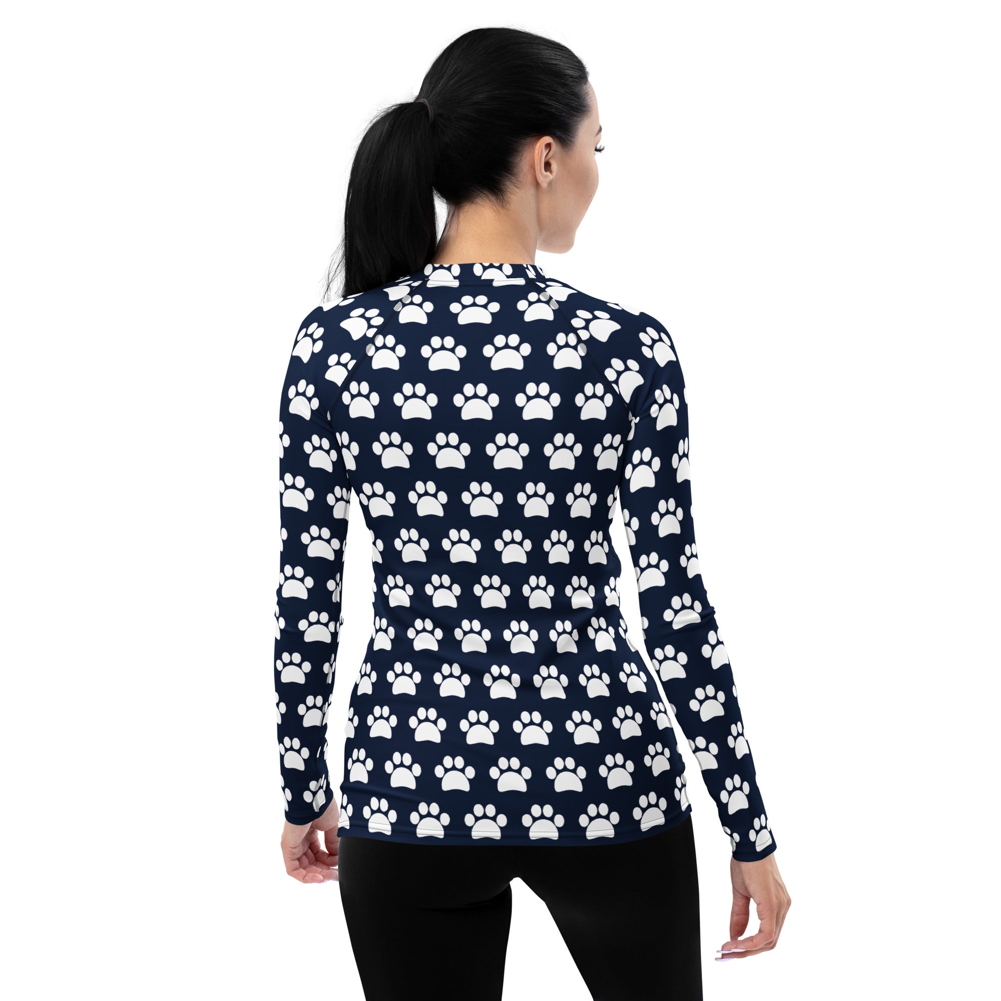 Women's Navy Blue Paw Print Long Sleeve Rash Guard Swim Shirt – Buttery Soft, Sun Safe UPF 50+ Protection, Quick Dry & 4-Way Stretch Comfort