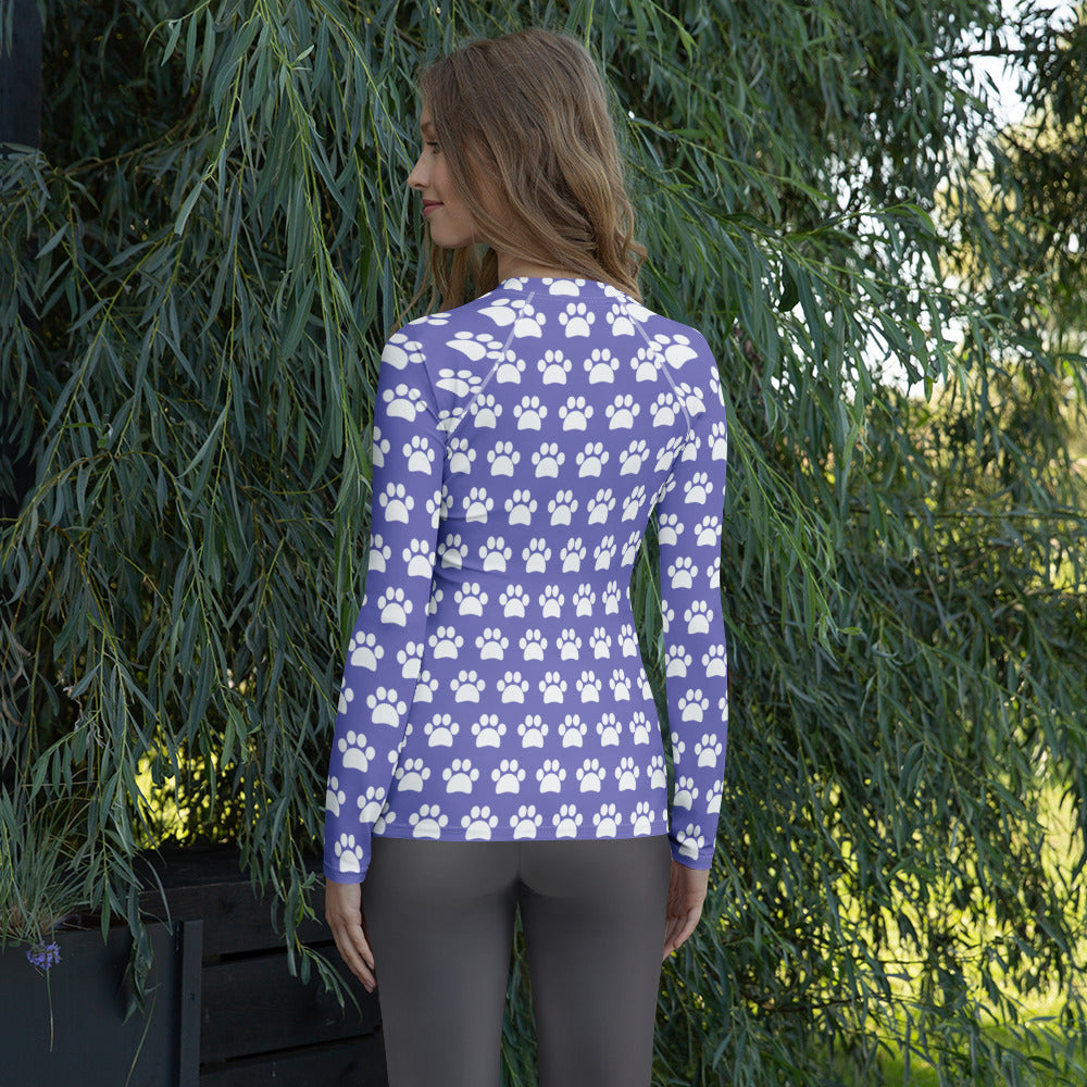 Women's Purple Paw Print Long Sleeve Rash Guard Swim Shirt – Buttery Soft, Sun Safe UPF 50+ Protection, Quick Dry & 4-Way Stretch Comfort